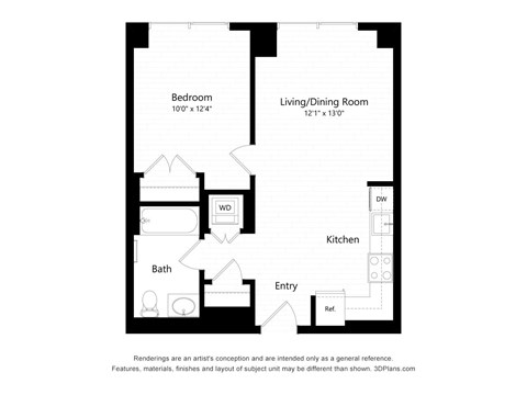 Floor plan for 1 bed, 1 bath, 596 sqft